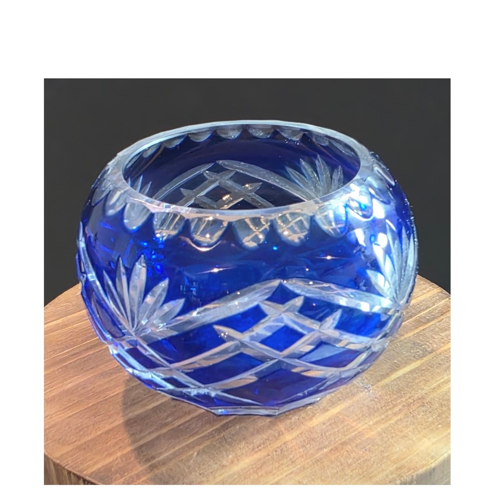 Fifth Avenue Crystal Cobalt Blue Cut to Clear Votive Holder Mini Floral Vase